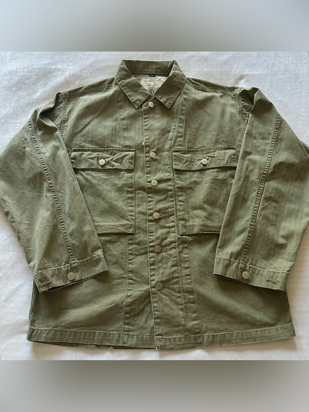 basketcase gallery military green muted stripes 100% cotton shacket / size large